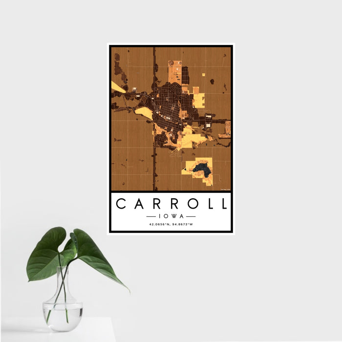 16x24 Carroll Iowa Map Print Portrait Orientation in Ember Style With Tropical Plant Leaves in Water