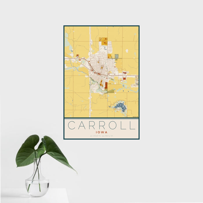 16x24 Carroll Iowa Map Print Portrait Orientation in Woodblock Style With Tropical Plant Leaves in Water