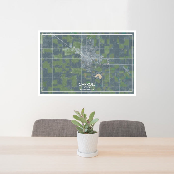 24x36 Carroll Iowa Map Print Lanscape Orientation in Afternoon Style Behind 2 Chairs Table and Potted Plant