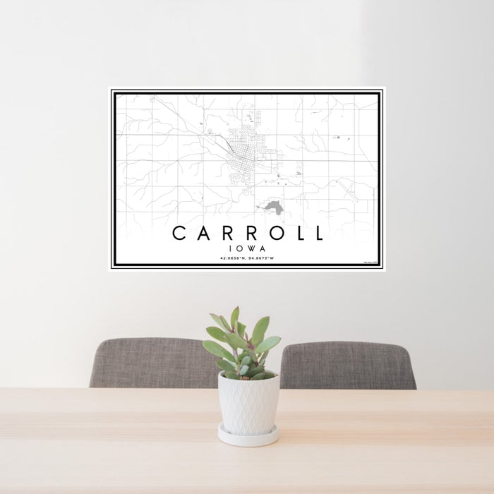 24x36 Carroll Iowa Map Print Lanscape Orientation in Classic Style Behind 2 Chairs Table and Potted Plant