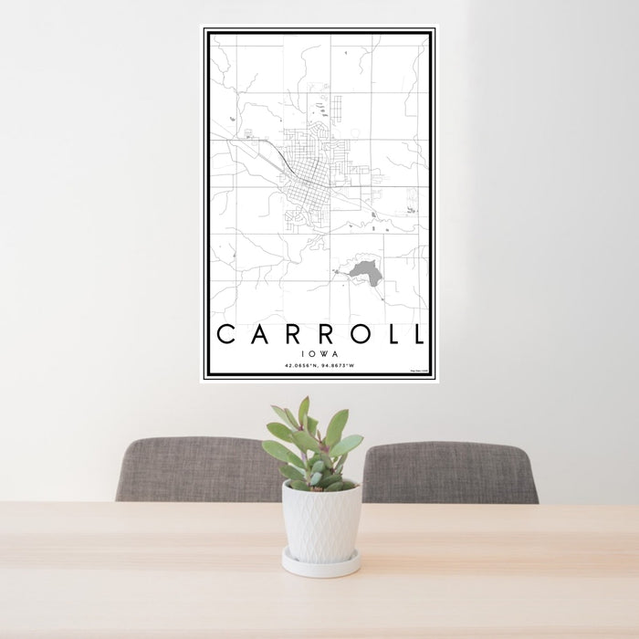24x36 Carroll Iowa Map Print Portrait Orientation in Classic Style Behind 2 Chairs Table and Potted Plant