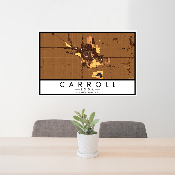 24x36 Carroll Iowa Map Print Lanscape Orientation in Ember Style Behind 2 Chairs Table and Potted Plant