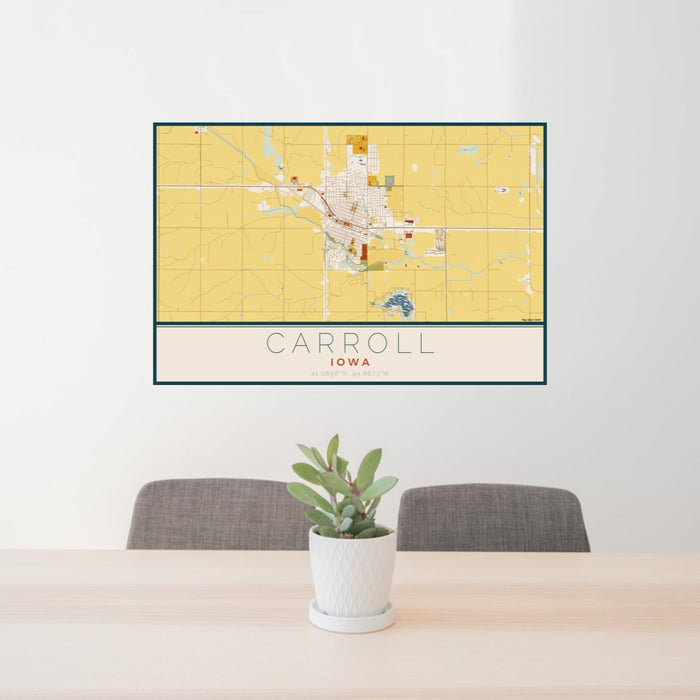 24x36 Carroll Iowa Map Print Lanscape Orientation in Woodblock Style Behind 2 Chairs Table and Potted Plant