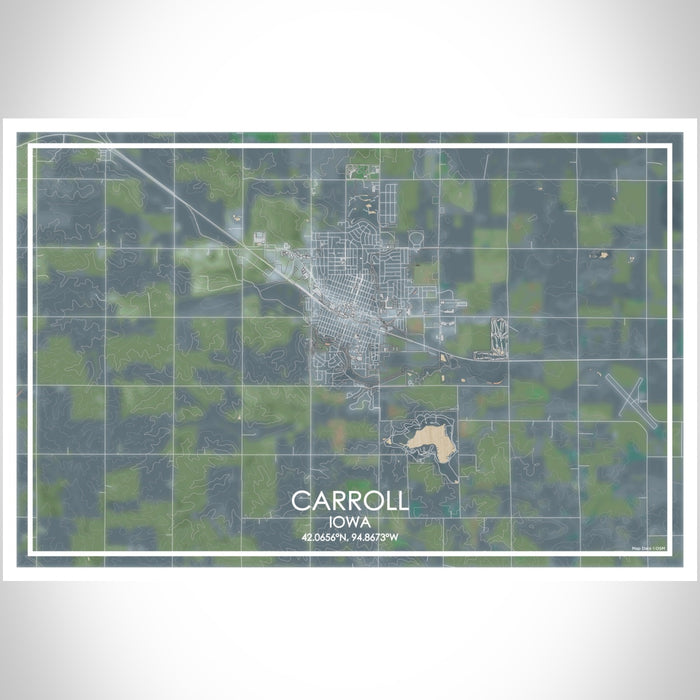 Carroll Iowa Map Print Landscape Orientation in Afternoon Style With Shaded Background