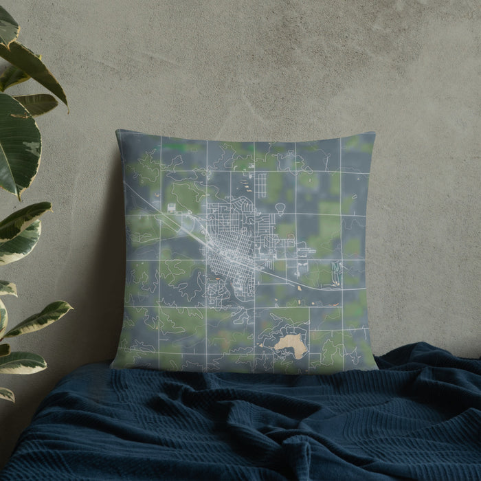 Custom Carroll Iowa Map Throw Pillow in Afternoon on Bedding Against Wall