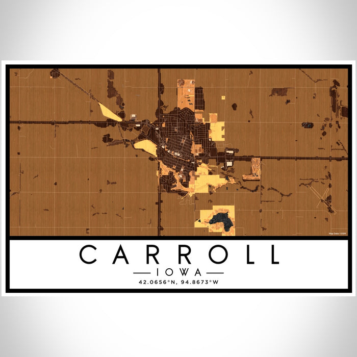 Carroll Iowa Map Print Landscape Orientation in Ember Style With Shaded Background