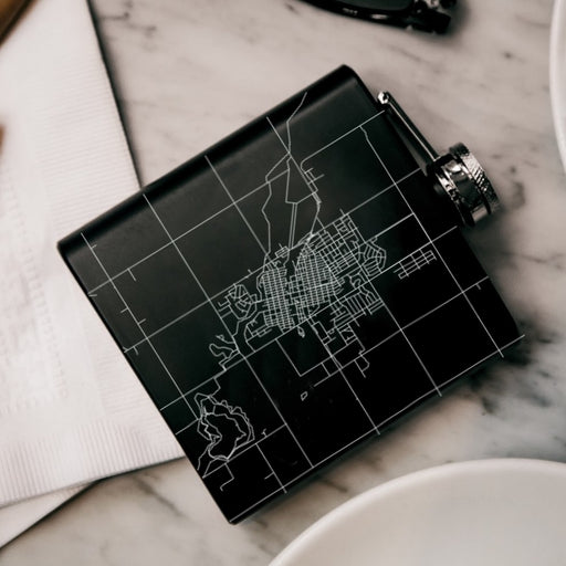 Carroll Iowa Custom Engraved City Map Inscription Coordinates on 6oz Stainless Steel Flask in Black