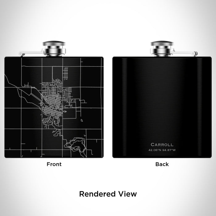 Rendered View of Carroll Iowa Map Engraving on 6oz Stainless Steel Flask in Black