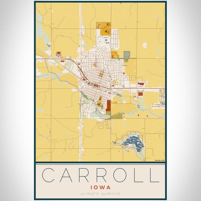 Carroll Iowa Map Print Portrait Orientation in Woodblock Style With Shaded Background