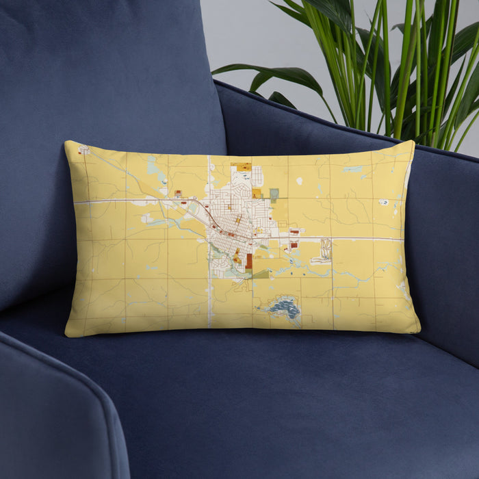 Custom Carroll Iowa Map Throw Pillow in Woodblock on Blue Colored Chair