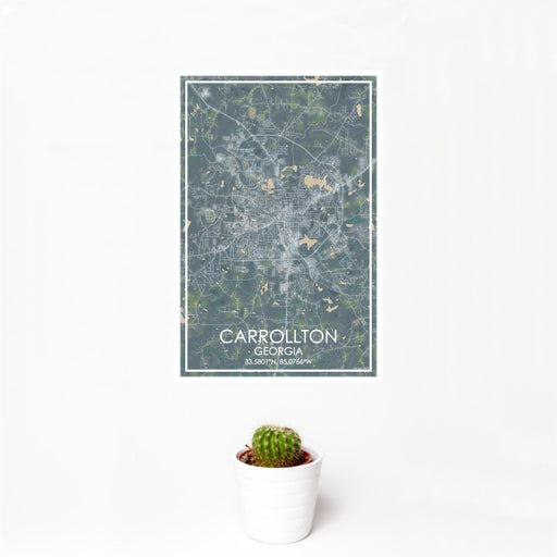 12x18 Carrollton Georgia Map Print Portrait Orientation in Afternoon Style With Small Cactus Plant in White Planter