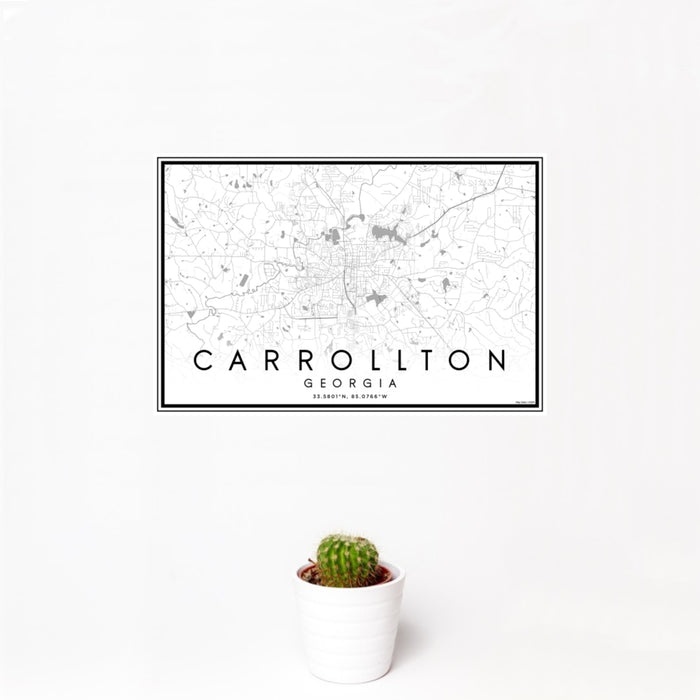 12x18 Carrollton Georgia Map Print Landscape Orientation in Classic Style With Small Cactus Plant in White Planter