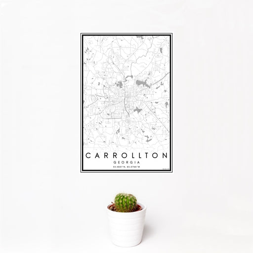 12x18 Carrollton Georgia Map Print Portrait Orientation in Classic Style With Small Cactus Plant in White Planter