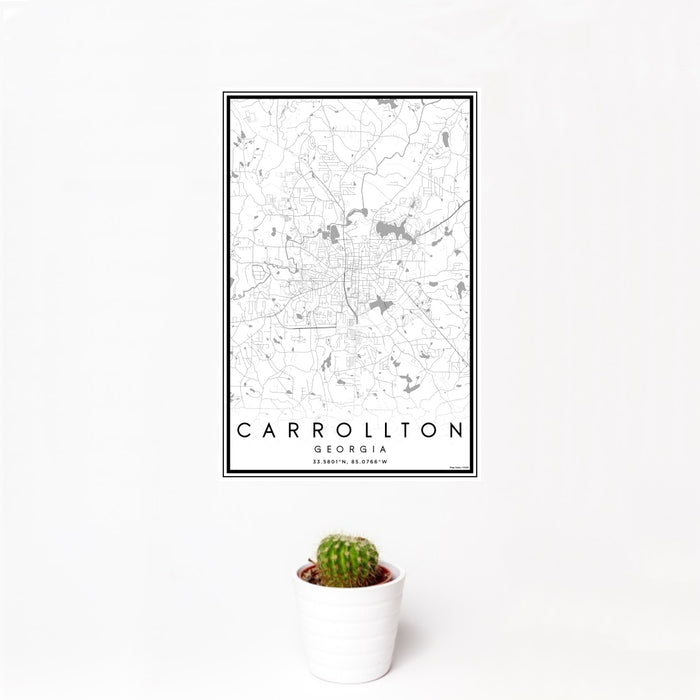 12x18 Carrollton Georgia Map Print Portrait Orientation in Classic Style With Small Cactus Plant in White Planter