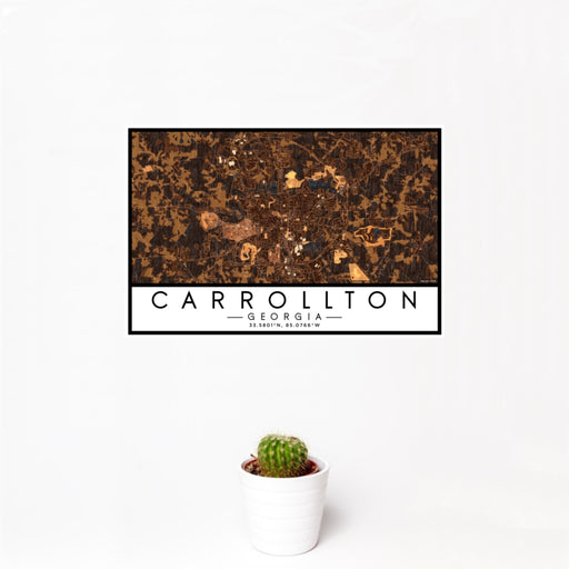 12x18 Carrollton Georgia Map Print Landscape Orientation in Ember Style With Small Cactus Plant in White Planter