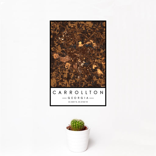 12x18 Carrollton Georgia Map Print Portrait Orientation in Ember Style With Small Cactus Plant in White Planter
