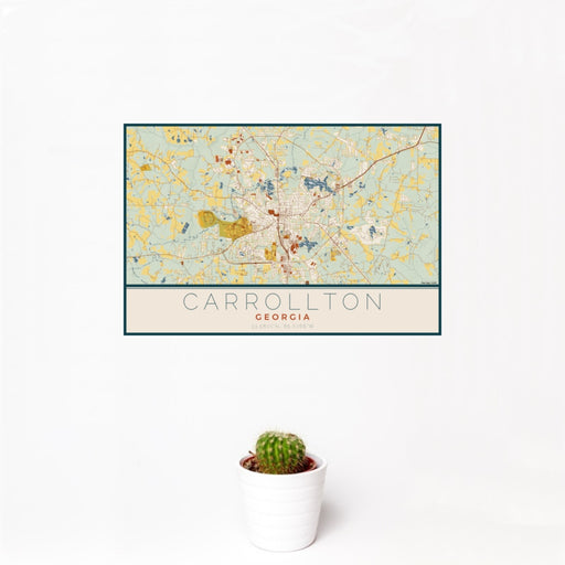 12x18 Carrollton Georgia Map Print Landscape Orientation in Woodblock Style With Small Cactus Plant in White Planter
