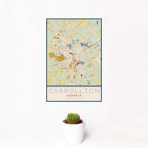 12x18 Carrollton Georgia Map Print Portrait Orientation in Woodblock Style With Small Cactus Plant in White Planter