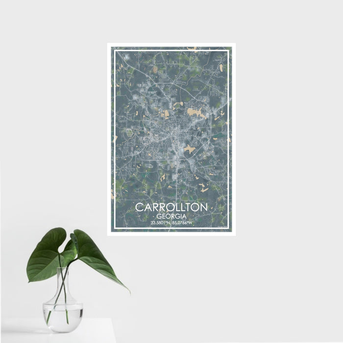 16x24 Carrollton Georgia Map Print Portrait Orientation in Afternoon Style With Tropical Plant Leaves in Water