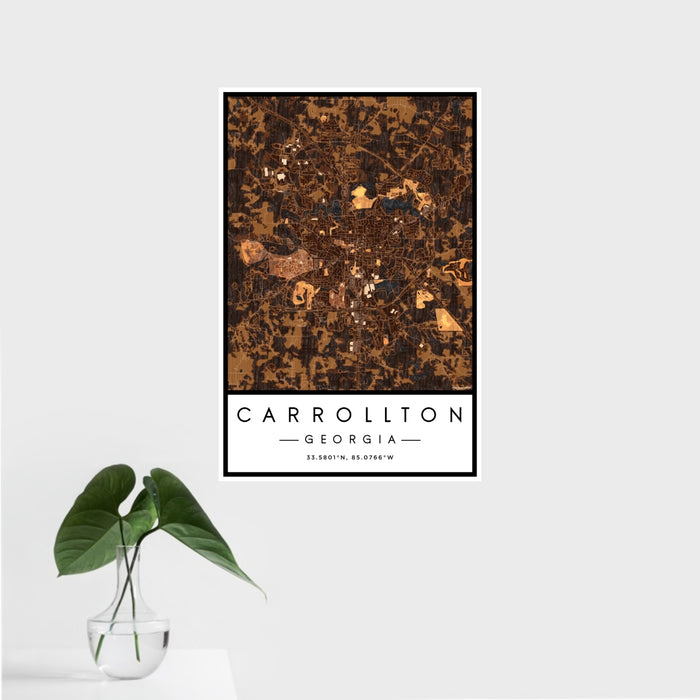 16x24 Carrollton Georgia Map Print Portrait Orientation in Ember Style With Tropical Plant Leaves in Water