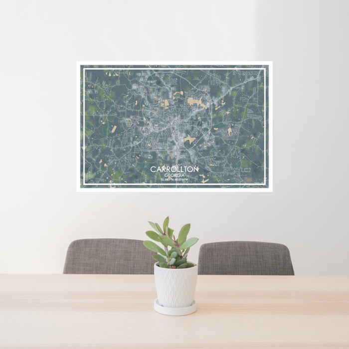 24x36 Carrollton Georgia Map Print Lanscape Orientation in Afternoon Style Behind 2 Chairs Table and Potted Plant