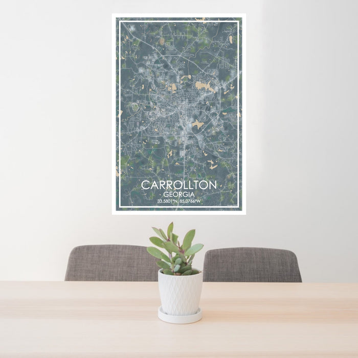 24x36 Carrollton Georgia Map Print Portrait Orientation in Afternoon Style Behind 2 Chairs Table and Potted Plant