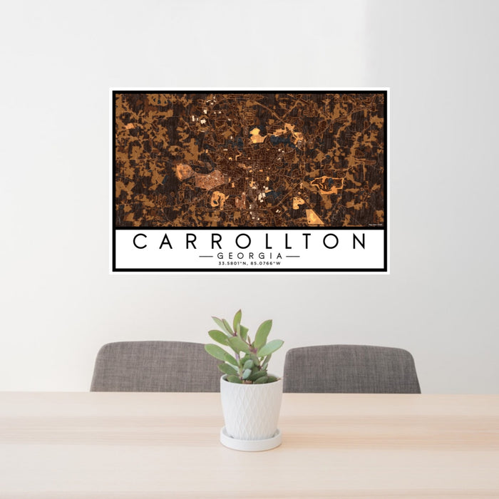 24x36 Carrollton Georgia Map Print Lanscape Orientation in Ember Style Behind 2 Chairs Table and Potted Plant