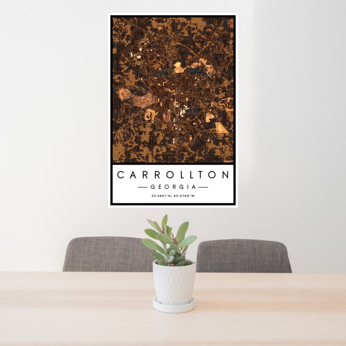 24x36 Carrollton Georgia Map Print Portrait Orientation in Ember Style Behind 2 Chairs Table and Potted Plant