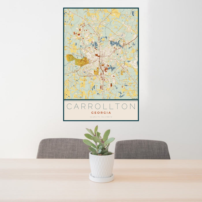 24x36 Carrollton Georgia Map Print Portrait Orientation in Woodblock Style Behind 2 Chairs Table and Potted Plant