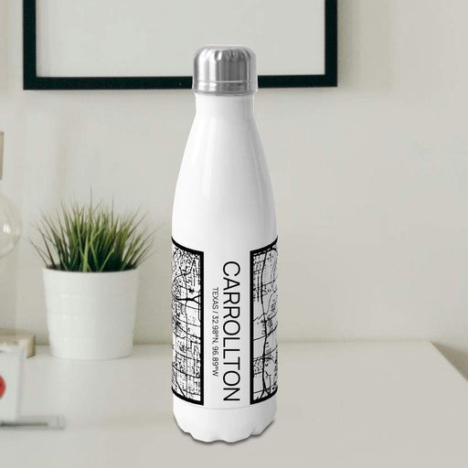 Carrollton Texas Custom City Map Inscription Coordinates on 17oz Stainless Steel Insulated Cola Bottle in Stainless in Matte White
