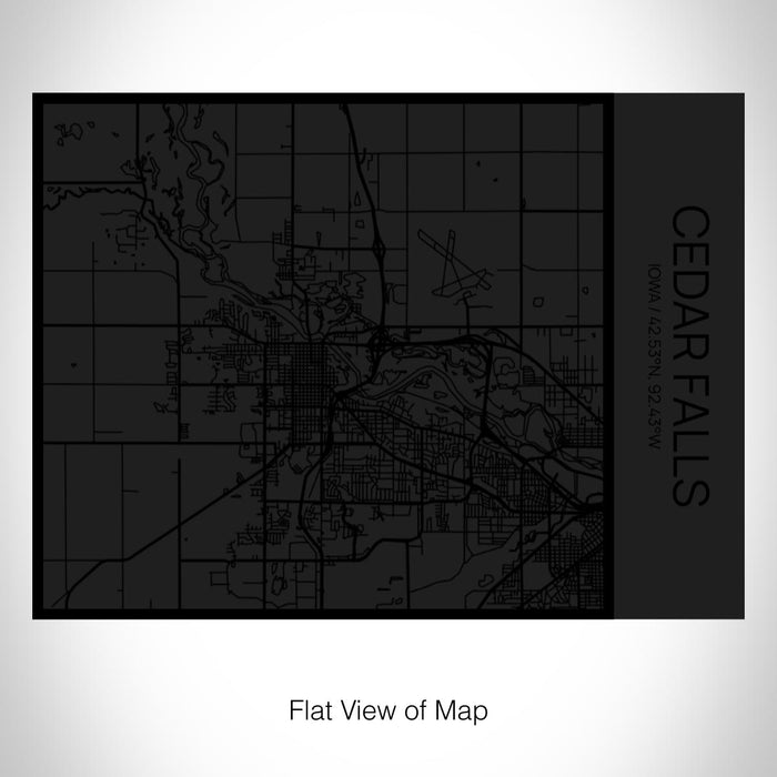 Rendered View of Cedar Falls Iowa Map on 20oz Stainless Steel Insulated Bottle with Bamboo Top in Matte Black with printed Tactile Lines Map in Black