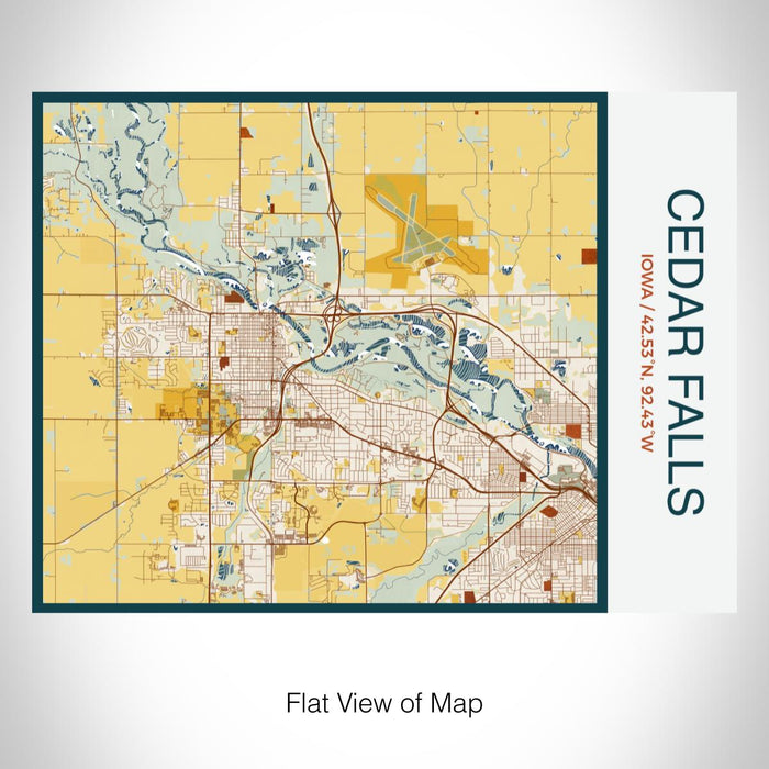 Rendered View of Cedar Falls Iowa Map on 20oz Stainless Steel Insulated Bottle with Bamboo Top with printed woodblock style map