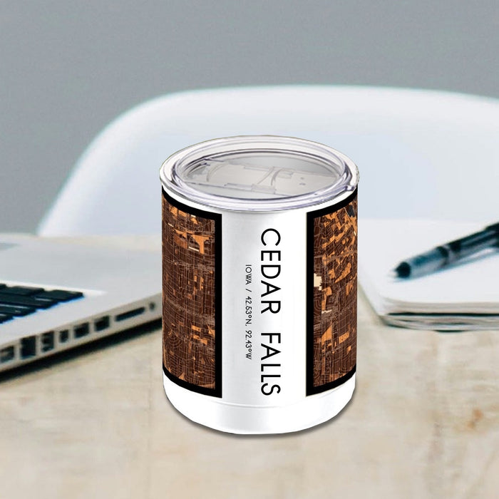 Cedar Falls Iowa Custom City Map Inscription Coordinates on 10oz Stainless Steel Insulated Cup in Ember with Sliding Lid