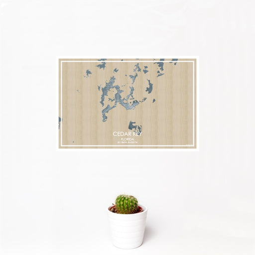 12x18 Cedar Key Florida Map Print Landscape Orientation in Afternoon Style With Small Cactus Plant in White Planter
