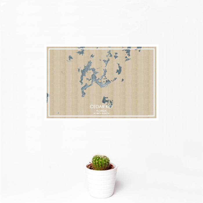 12x18 Cedar Key Florida Map Print Landscape Orientation in Afternoon Style With Small Cactus Plant in White Planter