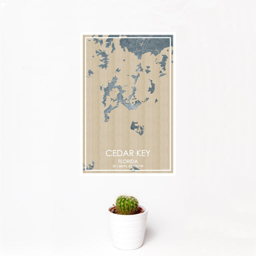 12x18 Cedar Key Florida Map Print Portrait Orientation in Afternoon Style With Small Cactus Plant in White Planter