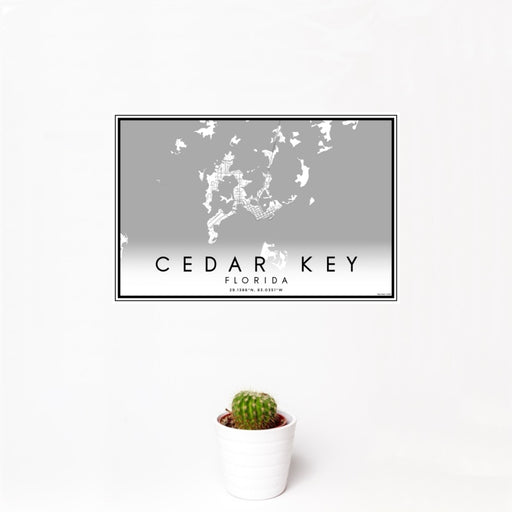 12x18 Cedar Key Florida Map Print Landscape Orientation in Classic Style With Small Cactus Plant in White Planter