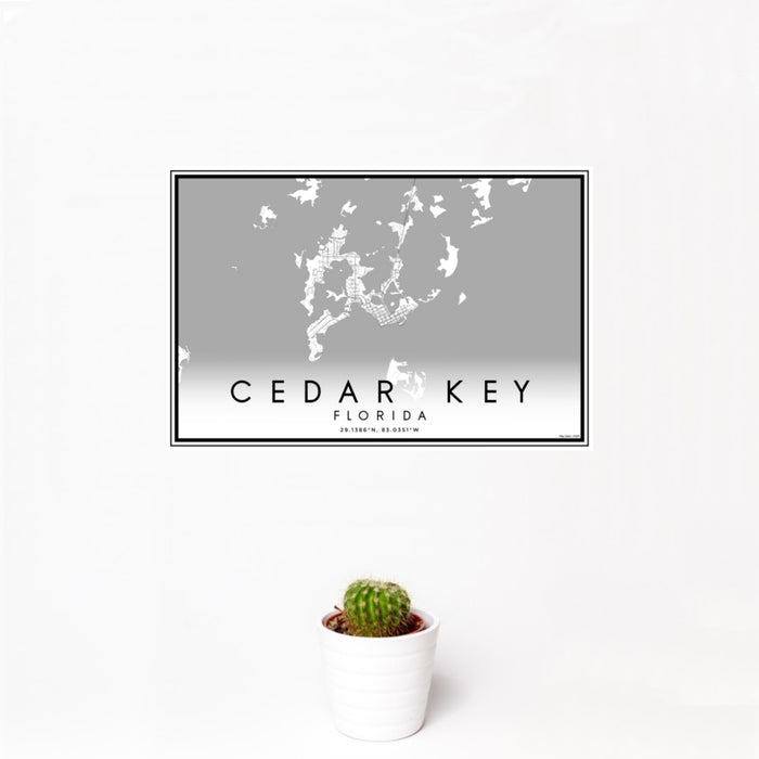 12x18 Cedar Key Florida Map Print Landscape Orientation in Classic Style With Small Cactus Plant in White Planter