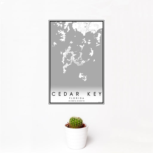 12x18 Cedar Key Florida Map Print Portrait Orientation in Classic Style With Small Cactus Plant in White Planter