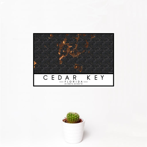 12x18 Cedar Key Florida Map Print Landscape Orientation in Ember Style With Small Cactus Plant in White Planter