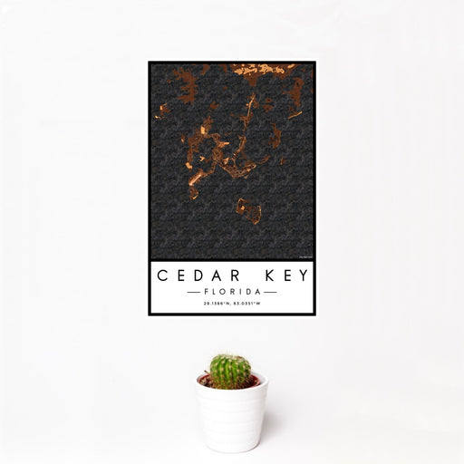12x18 Cedar Key Florida Map Print Portrait Orientation in Ember Style With Small Cactus Plant in White Planter