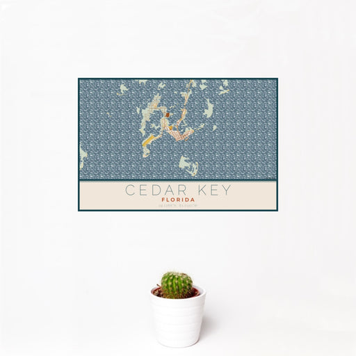 12x18 Cedar Key Florida Map Print Landscape Orientation in Woodblock Style With Small Cactus Plant in White Planter