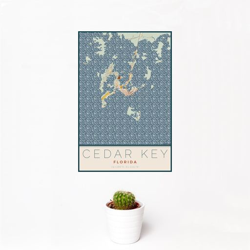12x18 Cedar Key Florida Map Print Portrait Orientation in Woodblock Style With Small Cactus Plant in White Planter