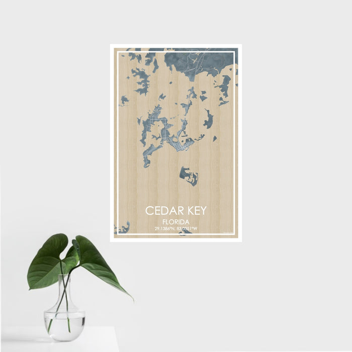 16x24 Cedar Key Florida Map Print Portrait Orientation in Afternoon Style With Tropical Plant Leaves in Water