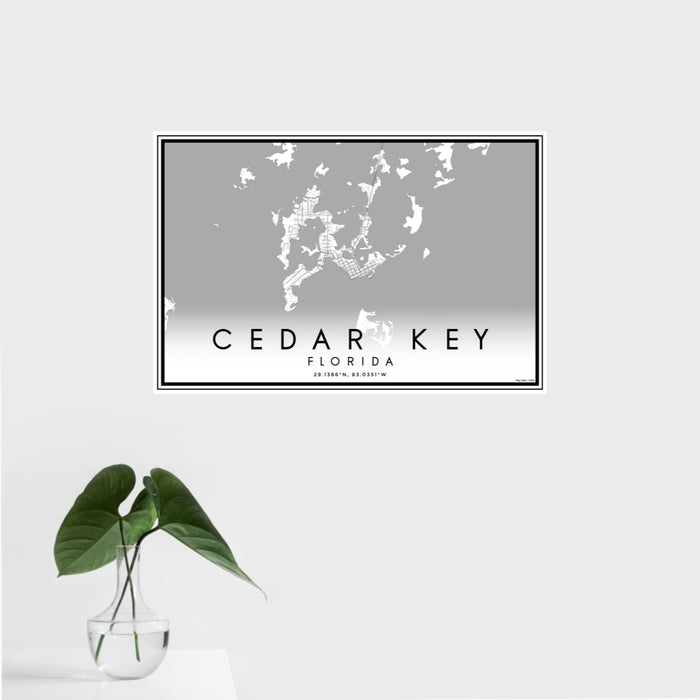 16x24 Cedar Key Florida Map Print Landscape Orientation in Classic Style With Tropical Plant Leaves in Water