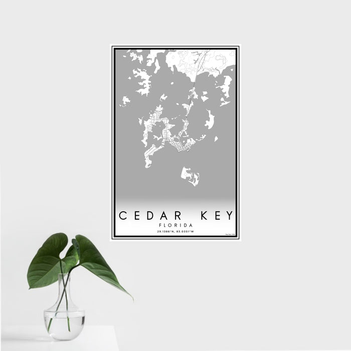 16x24 Cedar Key Florida Map Print Portrait Orientation in Classic Style With Tropical Plant Leaves in Water