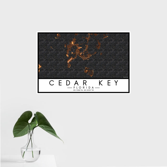 16x24 Cedar Key Florida Map Print Landscape Orientation in Ember Style With Tropical Plant Leaves in Water