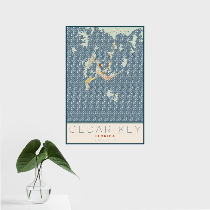 16x24 Cedar Key Florida Map Print Portrait Orientation in Woodblock Style With Tropical Plant Leaves in Water
