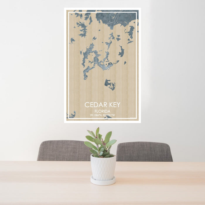 24x36 Cedar Key Florida Map Print Portrait Orientation in Afternoon Style Behind 2 Chairs Table and Potted Plant