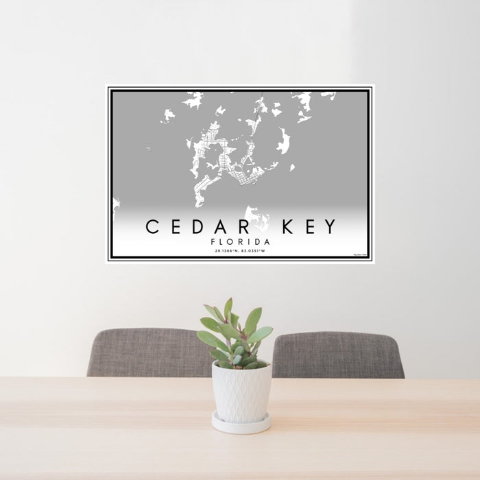 24x36 Cedar Key Florida Map Print Lanscape Orientation in Classic Style Behind 2 Chairs Table and Potted Plant